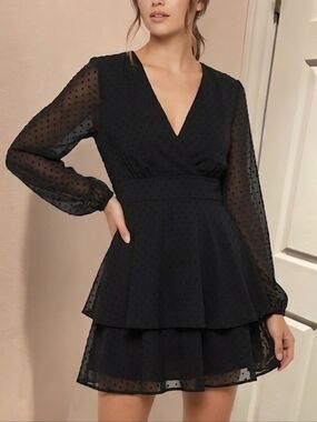 JESSICA SIMPSON Black Faux Wrap Swiss Dot Mini Dress Small LBD